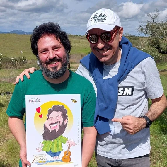 Caricatura del músico El Kanka padrino del Festivalino de Pescueza Cáceres